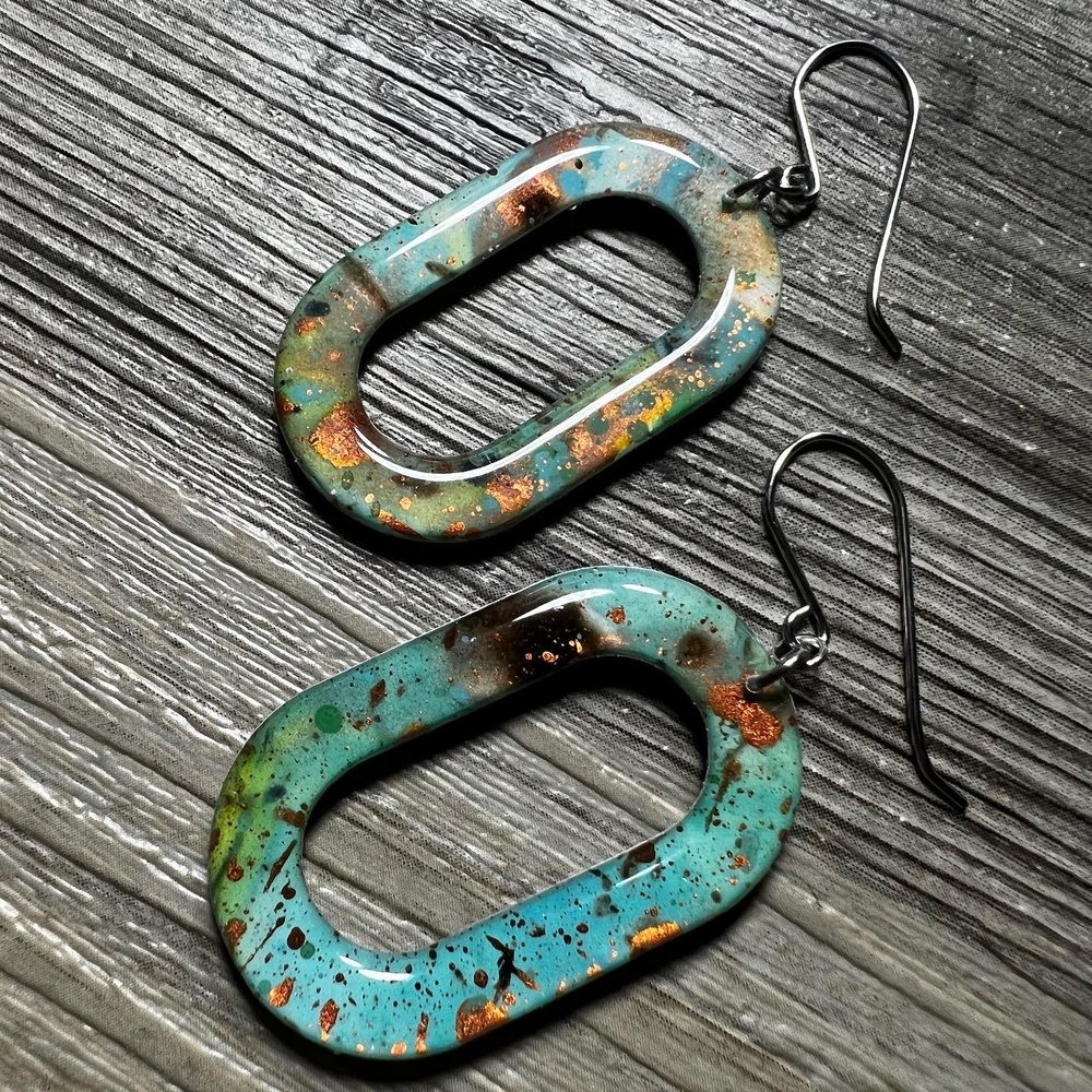 Copper, Patina, Truquoise Oval Hoop Earrings
